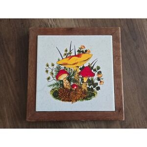 Vintage MCM Mushroom Ceramic Tile Trivet Wood Framed Botanical Made in USA 7x7